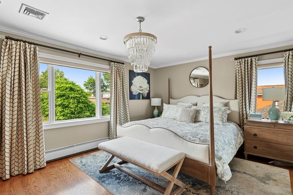 Bedroom, Chandelier, Interior, Recessed Lighting, Wood Texture Flooring