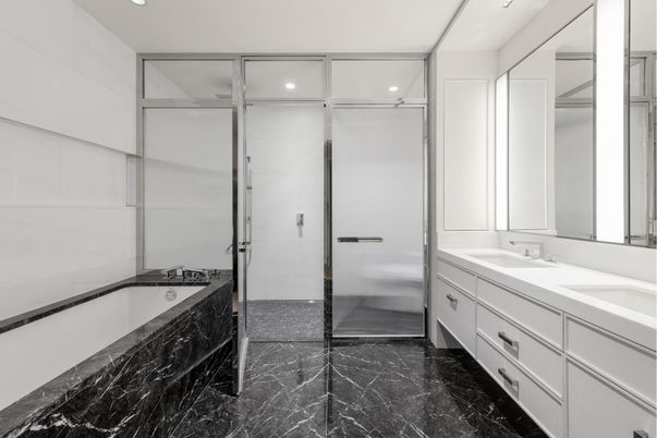 Bathroom, Dual Sink Vanities, Glass Shower, Interior, Marble, Recessed Lighting