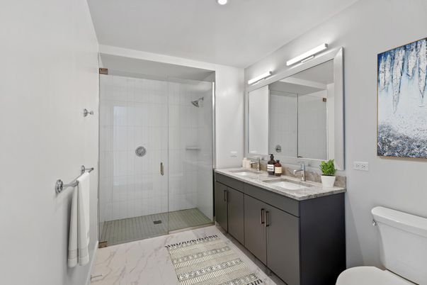 Bathroom, Dual Sink Vanities, Glass Shower, Interior, Marble, Recessed Lighting