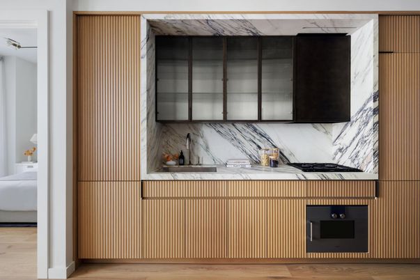 Interior, Kitchen, Marble Walls, Wood Texture Flooring