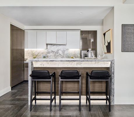 Interior, Kitchen, Marble Walls, Recessed Lighting, Wood Texture Flooring