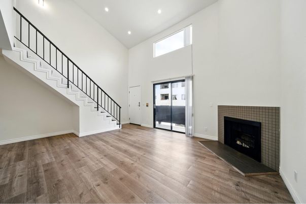 Empty room, Fireplace, Interior, Recessed Lighting, Wood Texture Flooring