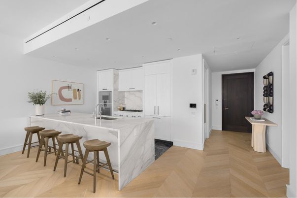 Interior, Kitchen, Marble Walls, Recessed Lighting, Wood Texture Flooring