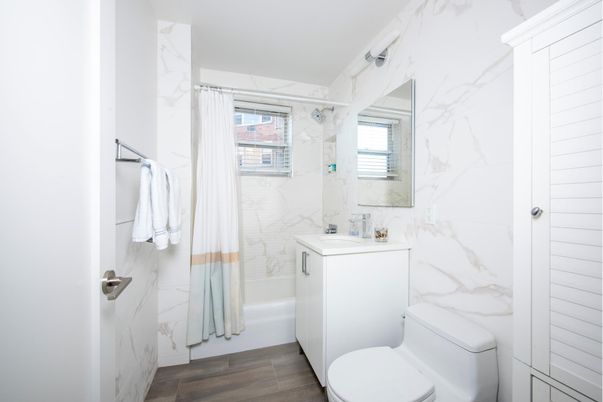 Bathroom, Interior, Marble Walls, Wood Texture Flooring