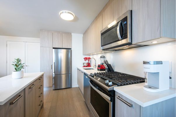 Interior, Kitchen, Recessed Lighting, Stainless Steel Appliances, Wood Texture Flooring