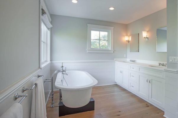 Bathroom, Dual Sink Vanities, Free Standing Baths, Interior, Recessed Lighting, Wood Texture Flooring
