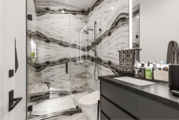 Bathroom, Glass Shower, Interior, Marble, Marble Walls, Recessed Lighting