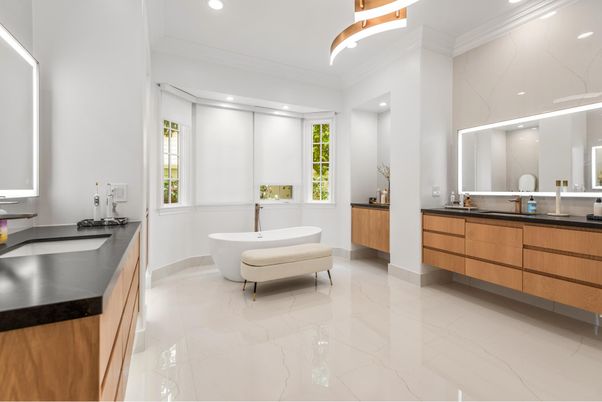 Bathroom, Dual Sink Vanities, Free Standing Baths, Interior, Marble, Recessed Lighting