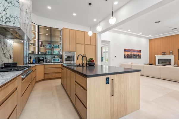 Fireplace, Interior, Kitchen, Living room, Pendant Lights, Recessed Lighting, Stainless Steel Appliances