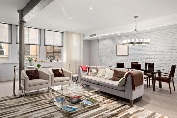 Dining room, Interior, Living room, Pendant Lights, Recessed Lighting, Stone Walls, Wood Texture Flooring