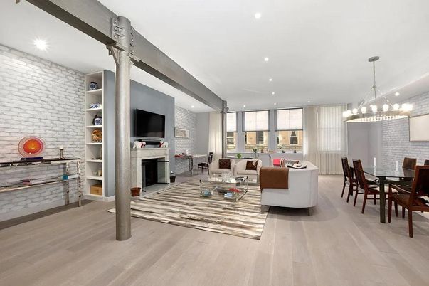 Dining room, Fireplace, Interior, Living room, Pendant Lights, Recessed Lighting, Stone Walls, Wood Texture Flooring