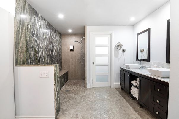 Bathroom, Dual Sink Vanities, Glass Shower, Interior, Recessed Lighting