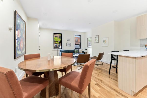 Dining room, Interior, Living room, Recessed Lighting, Wood Texture Flooring
