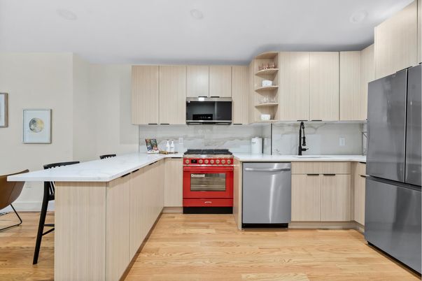 Interior, Kitchen, Stainless Steel Appliances, Wood Texture Flooring
