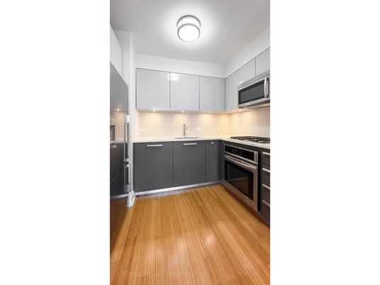 Interior, Kitchen, Stainless Steel Appliances, Wood Texture Flooring