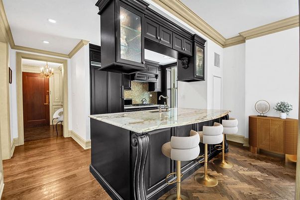 Chandelier, Interior, Kitchen, Recessed Lighting, Stainless Steel Appliances, Wood Texture Flooring