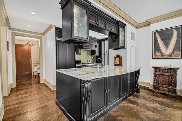 Chandelier, Interior, Kitchen, Pendant Lights, Recessed Lighting, Stainless Steel Appliances, Wood Texture Flooring