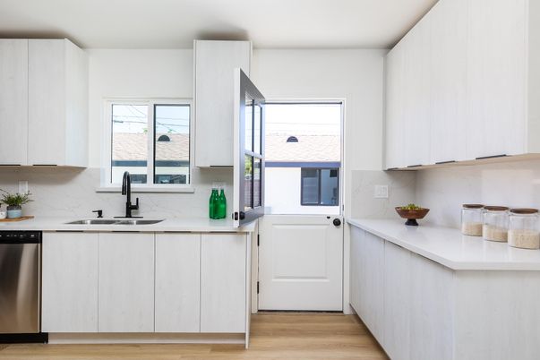 Interior, Kitchen, Marble Walls, Stainless Steel Appliances, Wood Texture Flooring