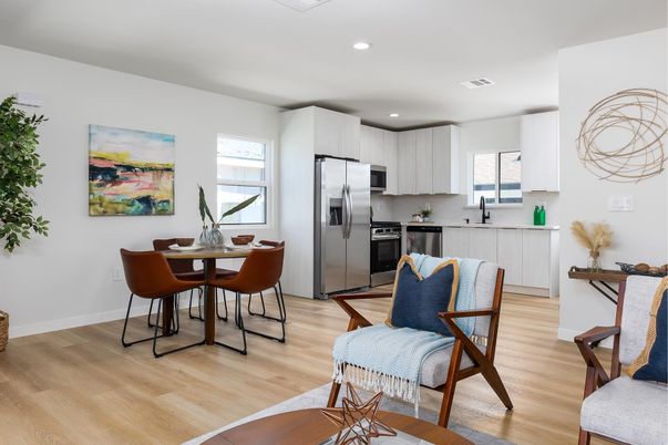 Dining room, Interior, Kitchen, Recessed Lighting, Stainless Steel Appliances, Wood Texture Flooring