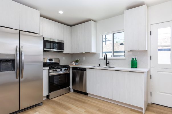 Interior, Kitchen, Recessed Lighting, Stainless Steel Appliances, Wood Texture Flooring