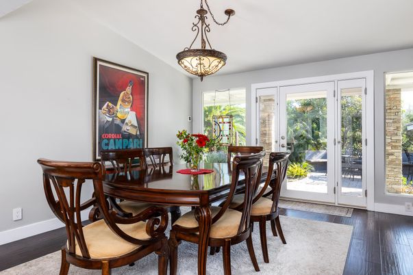 Dining room, Interior, Pendant Lights, Wood Texture Flooring