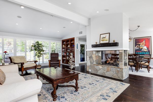 Dining room, Fireplace, Interior, Living room, Recessed Lighting, Wood Texture Flooring