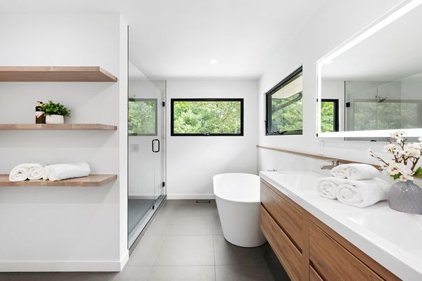 Bathroom, Free Standing Baths, Glass Shower, Interior, Recessed Lighting