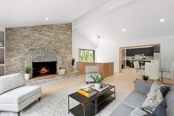 Dining room, Fireplace, Interior, Kitchen, Living room, Pendant Lights, Recessed Lighting, Stone Walls, Wood Texture Flooring