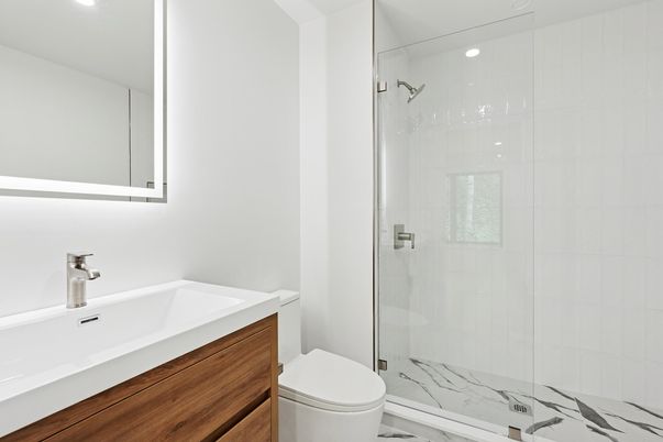 Bathroom, Glass Shower, Interior, Marble, Recessed Lighting