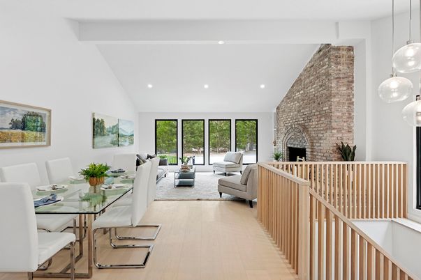 Dining room, Fireplace, Interior, Living room, Pendant Lights, Recessed Lighting, Stone Walls, Wood Texture Flooring