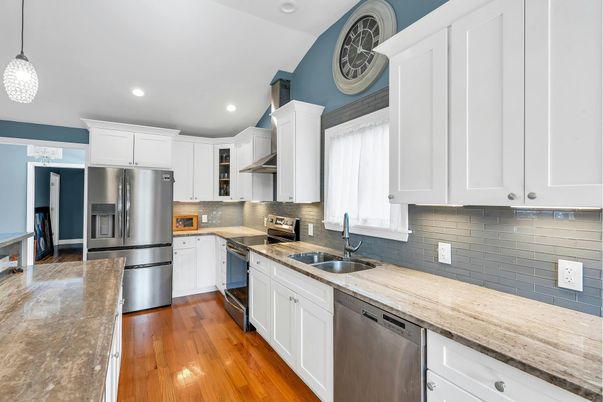 Interior, Kitchen, Pendant Lights, Recessed Lighting, Stainless Steel Appliances, Wood Texture Flooring