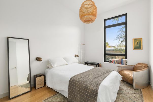 Bedroom, Interior, Pendant Lights, Wood Texture Flooring