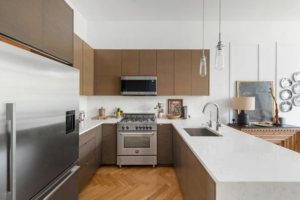 Interior, Kitchen, Pendant Lights, Stainless Steel Appliances, Wood Texture Flooring