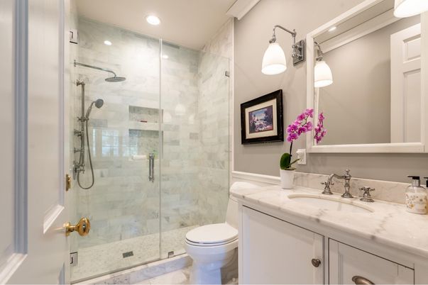 Bathroom, Glass Shower, Interior, Marble Walls, Recessed Lighting