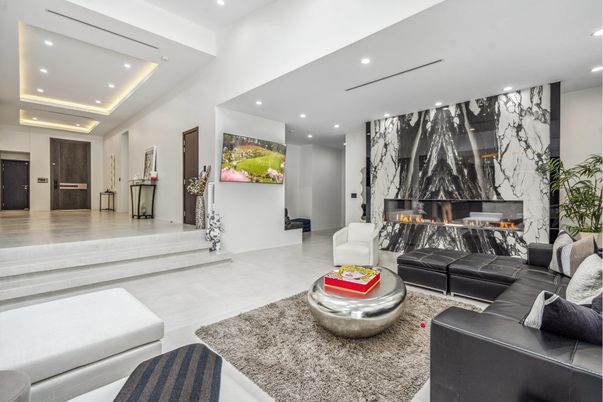 Fireplace, Interior, Living room, Marble Walls, Recessed Lighting