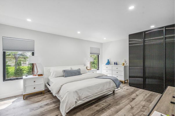 Bedroom, Interior, Recessed Lighting, Wood Texture Flooring