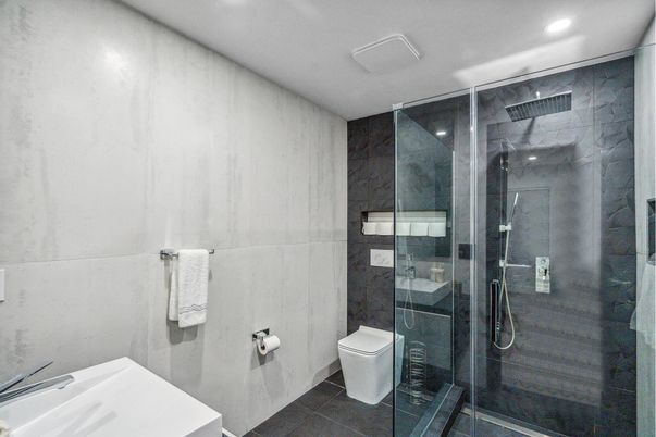 Bathroom, Glass Shower, Interior, Recessed Lighting