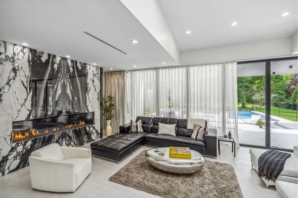 Fireplace, Interior, Living room, Marble Walls, Recessed Lighting