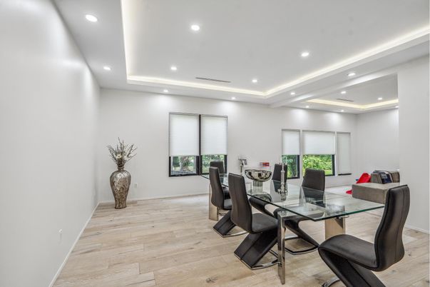 Dining room, Interior, Recessed Lighting, Wood Texture Flooring
