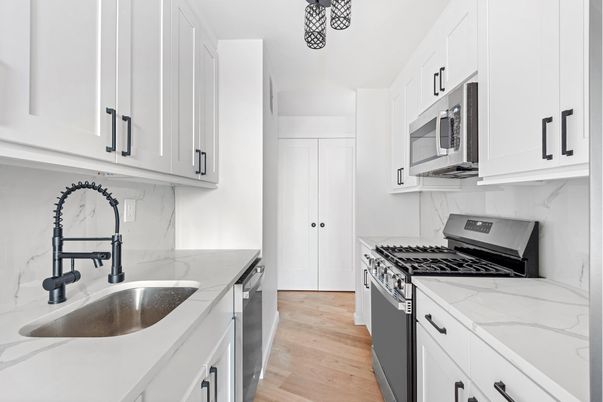 Interior, Kitchen, Marble Walls, Stainless Steel Appliances, Wood Texture Flooring