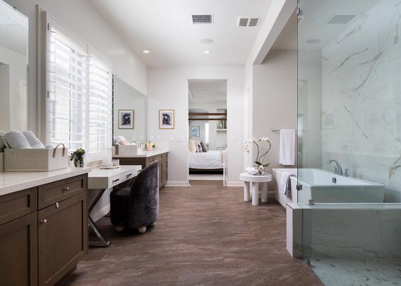 Bathroom, Bedroom, Interior, Marble Walls, Recessed Lighting, Wood Texture Flooring