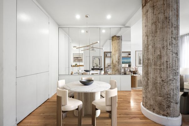Dining room, Interior, Pendant Lights, Recessed Lighting, Wood Texture Flooring
