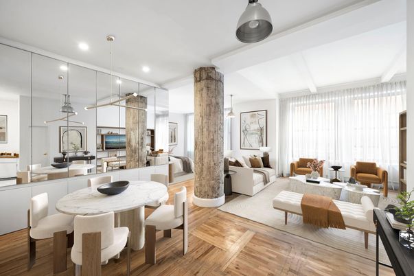 Dining room, Interior, Living room, Pendant Lights, Recessed Lighting, Wood Texture Flooring