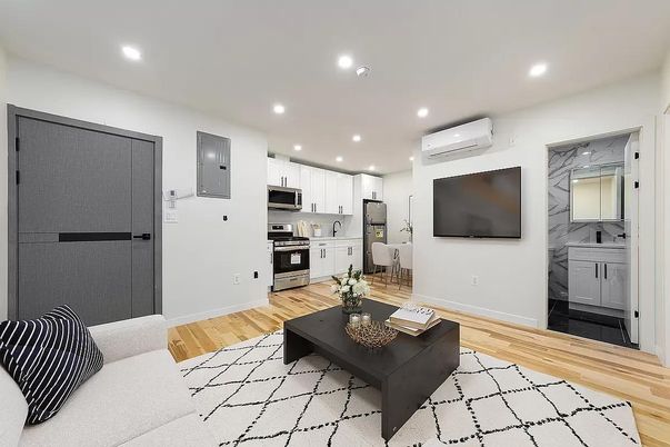 Interior, Kitchen, Living room, Recessed Lighting, Stainless Steel Appliances, Wood Texture Flooring