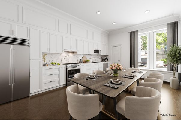 Dining room, Interior, Kitchen, Recessed Lighting, Stainless Steel Appliances, Wood Texture Flooring