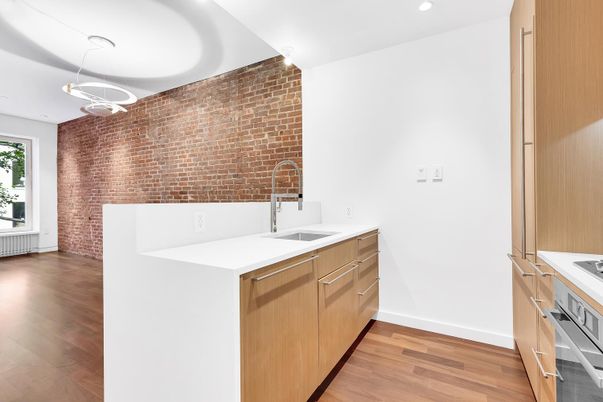 Interior, Kitchen, Pendant Lights, Recessed Lighting, Stainless Steel Appliances, Stone Walls, Wood Texture Flooring