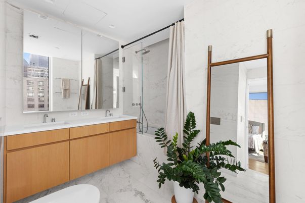 Bathroom, Dual Sink Vanities, Glass Shower, Interior, Marble, Marble Walls