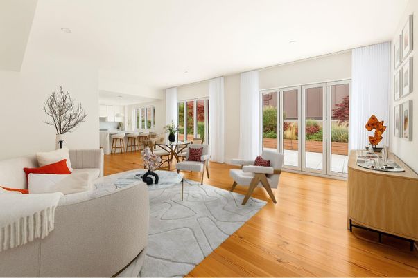 Dining room, Interior, Living room, Recessed Lighting, Wood Texture Flooring