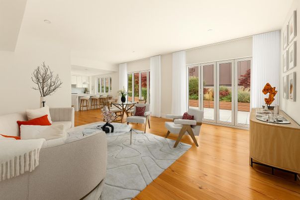 Dining room, Interior, Living room, Recessed Lighting, Wood Texture Flooring