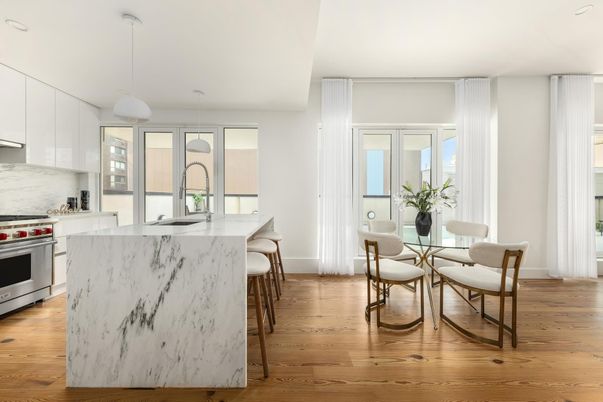 Dining room, Interior, Kitchen, Marble Walls, Pendant Lights, Recessed Lighting, Stainless Steel Appliances, Wood Texture Flooring